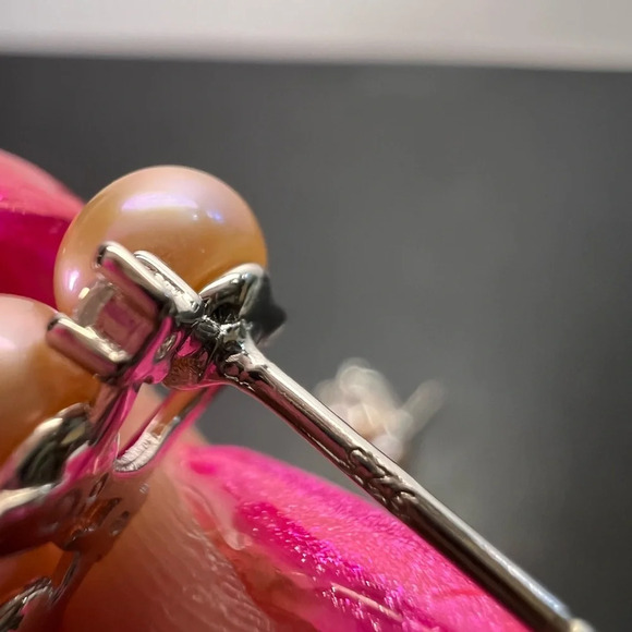 Pink Freshwater and CZ Rhodium Over Sterling Silver Earrings with omega backs - Picture 7 of 12